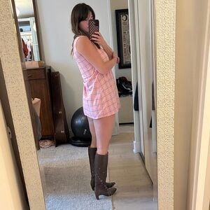 Vintage 70s Pink Plaid Sleeveless Shift Mini Dress